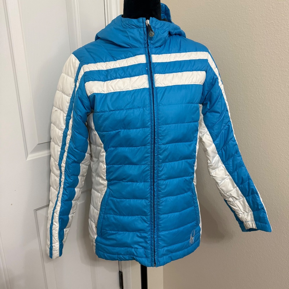 Spyder Youth XL Blue White Puffer Jacket Hooded Insulated Ski Coat Full Zip